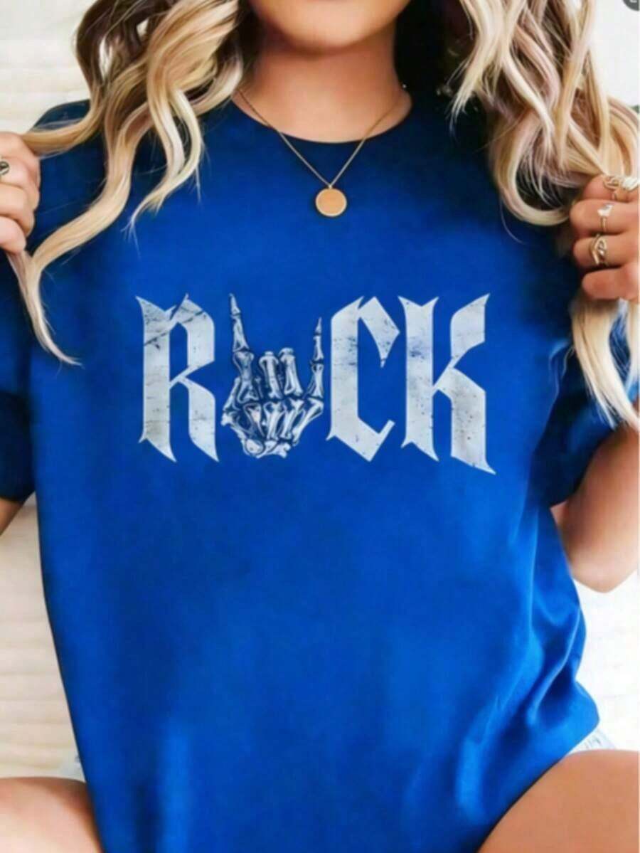 Camiseta Estampada Estilo Rock And Roll con Mano de Esqueleto, 100% Algodón, Manga Corta, Cuello Redondo, Top Casual, Adecuada para Todas las Temporadas, Ropa Casual Versátil para Mujer, Cómoda y Transpirable, Bonita, Ajuste Perfecto - Azul - Ver 1