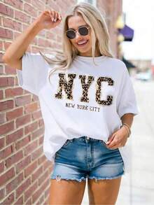 Camiseta de Manga Corta con Cuello Redondo y Estampado de Letras de Nueva York para Mujer Talla Grande - Blanco - Ver 8