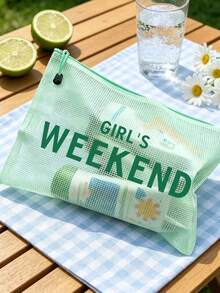 多色防水时尚网布沙滩包，印有“Glrl's Weekend”字样的彩色化妆包，沙滩主题。大容量透明化妆包，带尼龙拉链的洗漱包 - 轻便，可收纳防晒霜、零食、比基尼和沙滩必备品。春夏收纳，非常适合游泳和沙滩活动。 - 彩色 - 查看 7