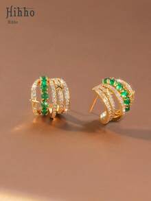 Hihho 1 Pair Luxury Fashion Jewelry Emerald Zirconia Series Earrings, Including Spherical Fully Paved, Multi-Layer Hoop, And C-Shaped Four-Leaf Clover Decor Styles. The Emerald Zirconia Paired With Gold Elements Maintains A Unified Style With Diverse Designs, Suitable For Evening Gala, Holiday Party, Date And Other Occasions - Yellow Gold - View 13