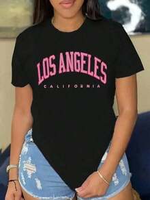 short sleevesCamiseta gráfica de mariposa casual para mujer - Manga corta, cuello redondo, negro con diseño de los angeles rosa, tejido de poliéster suave, perfecta para primavera y verano, ropa casualLeisure - Negro - Ver 1