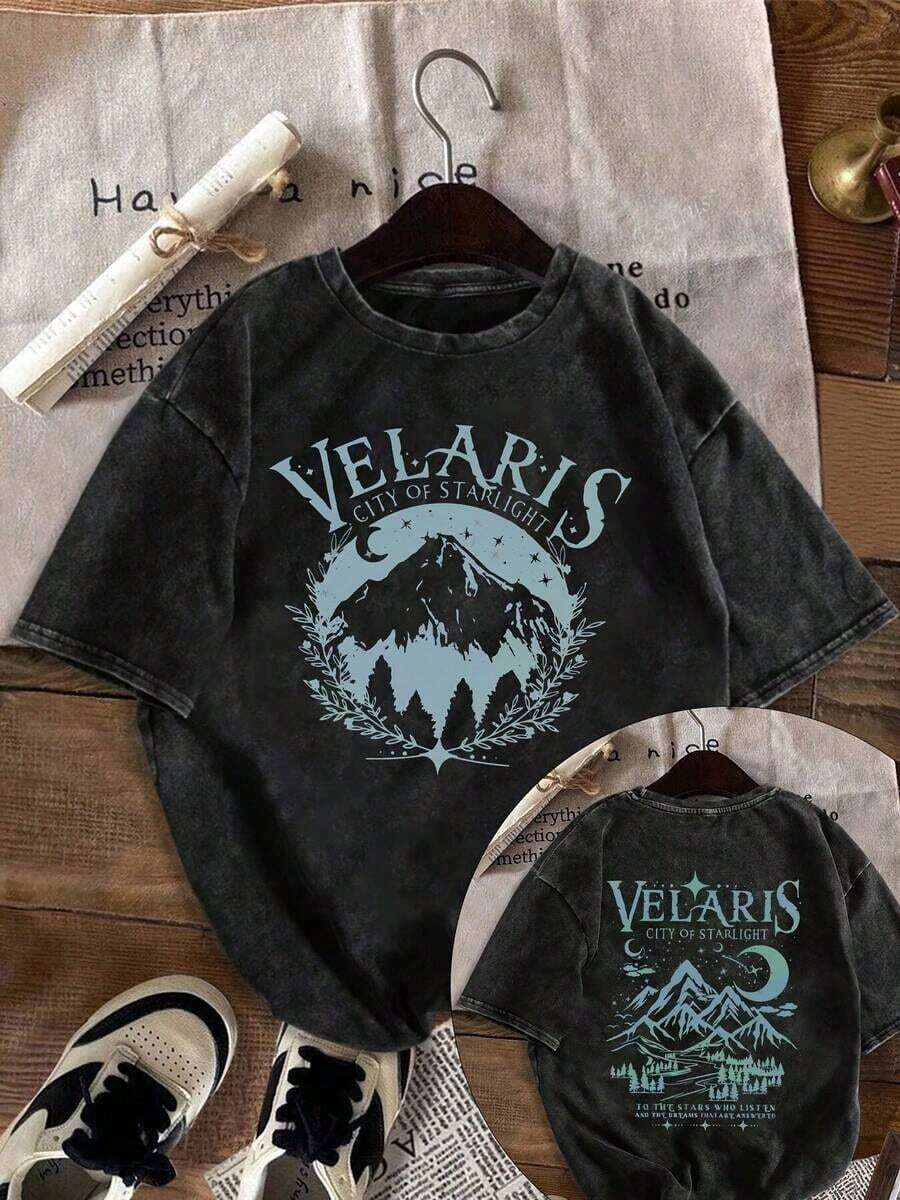 Velaris ACOTAR, Velaris City Of Starlight, Women's Black Washed Crew Neck Short Sleeve T-Shirt, Slim Fit, Punk Style, Versatile, Korean Style, Comfortable, Retro, Y2k Style, From The Washable Retro Series Of Pure Cotton T-Shirts, Makes It Easy To Create Retro Casual Wear. They Are Suitable For Daily Commutes, Leisure Outings, And Everyday Outfits. Classic Retro Style Women's Clothing - 黑色 - 查看 1