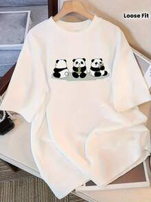 Wo Panda Print T-Shirt - Soft, Loose-Fitting Top With A Round Neck And Short Sleeves Featuring An Adorable Panda, Suitable For Casual Wear, Machine Washable Blouse, Fashionable Outfit For Everyday Wear (No Hem Adjustments) - 白色 - 查看 1