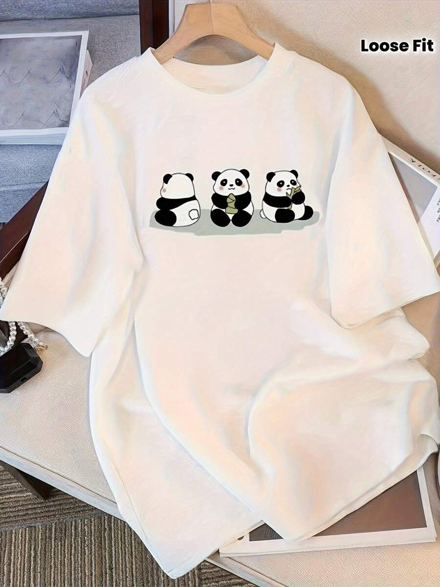 Wo Panda Print T-Shirt - Soft, Loose-Fitting Top With A Round Neck And Short Sleeves Featuring An Adorable Panda, Suitable For Casual Wear, Machine Washable Blouse, Fashionable Outfit For Everyday Wear (No Hem Adjustments) - 白色 - 查看 1