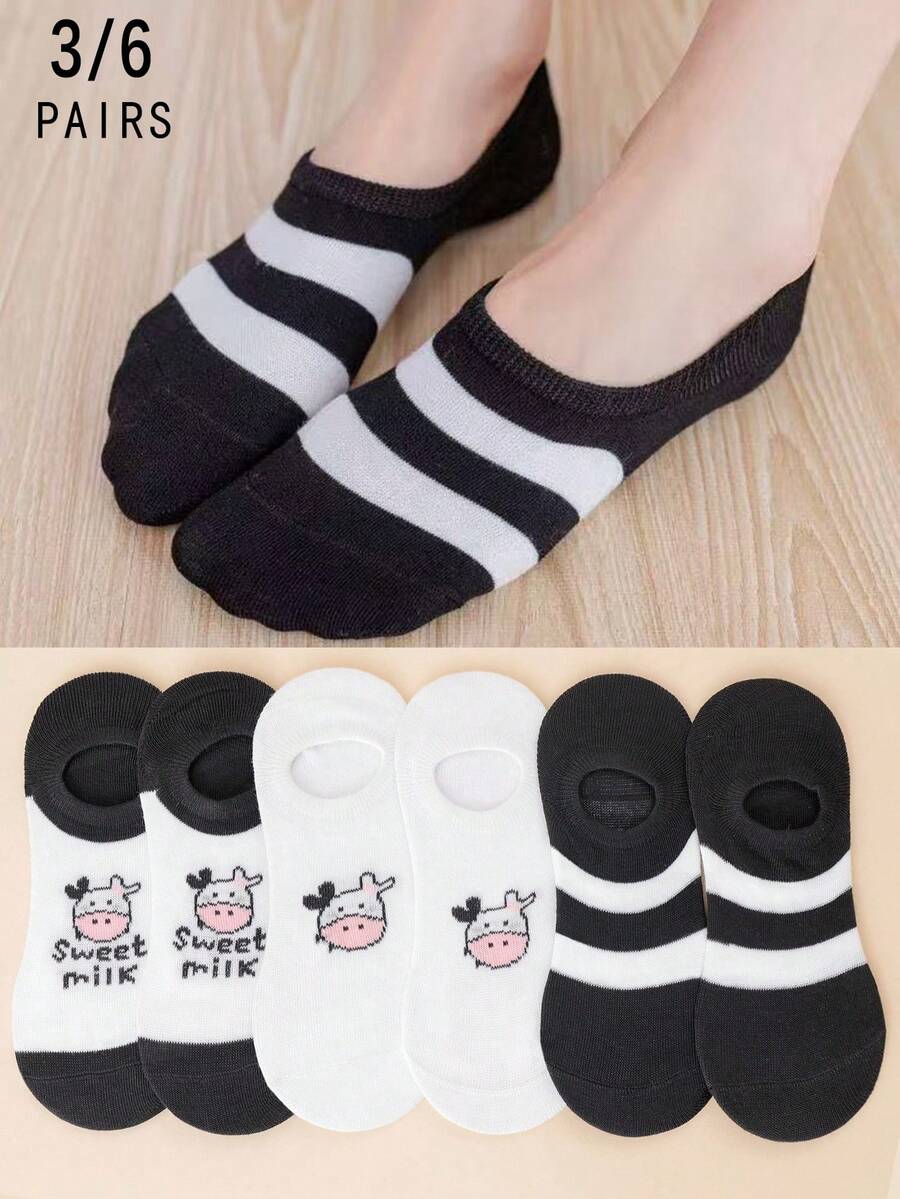 3/6 đôi tất nữ tối giản kẻ sọc dọc họa tiết bò hoạt hình, thoải mái, cổ thấp, không lộ nội y. - Nhiều màu - Xem 1