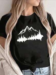 Women's Short-Sleeved T-Shirt With Mountain View Design, Suitable For Casual Outdoor Activities Such As Hiking And Camping, Available In Black, Breathable And Durable, Perfect For Nature Lovers. - 黑色 - 查看 12
