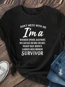 Limited Edition: Women's T-Shirt With The "Don't Mess With Me, I'm A Survivor" Print, Made Of Breathable, Soft, And Medium-Stretch Fabric, Machine Washable. Suitable For Spring And Summer, This Casual Crew Neck T-Shirt Is Perfect For Shopping, Vacations, And Outings. Lightweight Cotton. - 黑色 - 查看 3