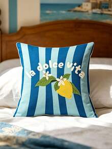 1pc Mediterranean Style Lemon Embroidery Cushion Cover, Blue Striped Letter Decorative Pillow Case For Living Room Sofa - Multicolor - View 4
