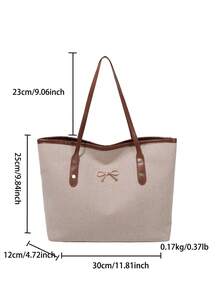1pc Brown Metallic Bow Accent Large Capacity Linen Colorblock Tote Bag, Women Summer Shoulder Bag - Brown - View 6