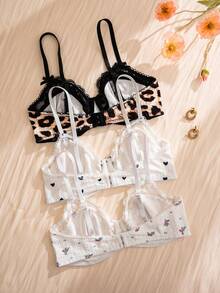 3pcs Women Lace Patchwork Floral & Heart Print Underwire Bra Set - Multicolor - View 2