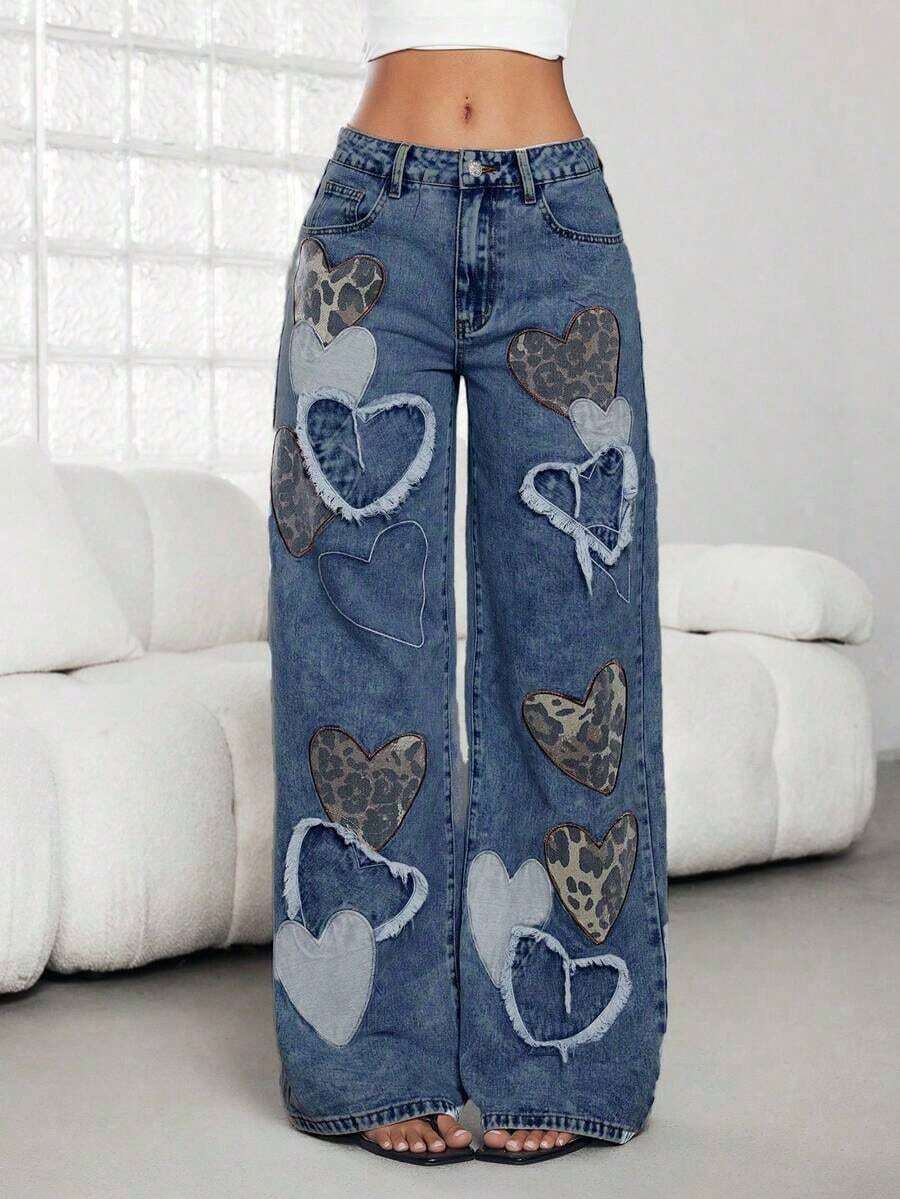 Jeans de talle bajo para mujer, nuevos pantalones casuales rectos y sueltos con bordado y estampado de corazón de moda de nicho, para todas las estaciones - Azul lavado oscuro - Ver 1