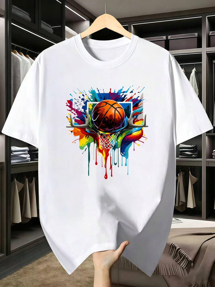 Basketball Graphic T-Shirt - A Lightweight Summer Shirt In Royal Blue Featuring A Basketball Design, Perfect For Sports, Casual Wear, And Everyday Use - Breathable Crew Neck Top Suitable For Basketball Enthusiasts And Casual Outfits - 白色 - 查看 1