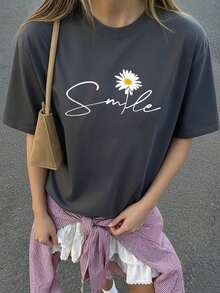 Camiseta de mujer estampada de manga corta para verano, tela de poliéster, estilo multifuncional, corte regular, peso 180 gramos, 1 unidad. - Gris Oscuro - Ver 2
