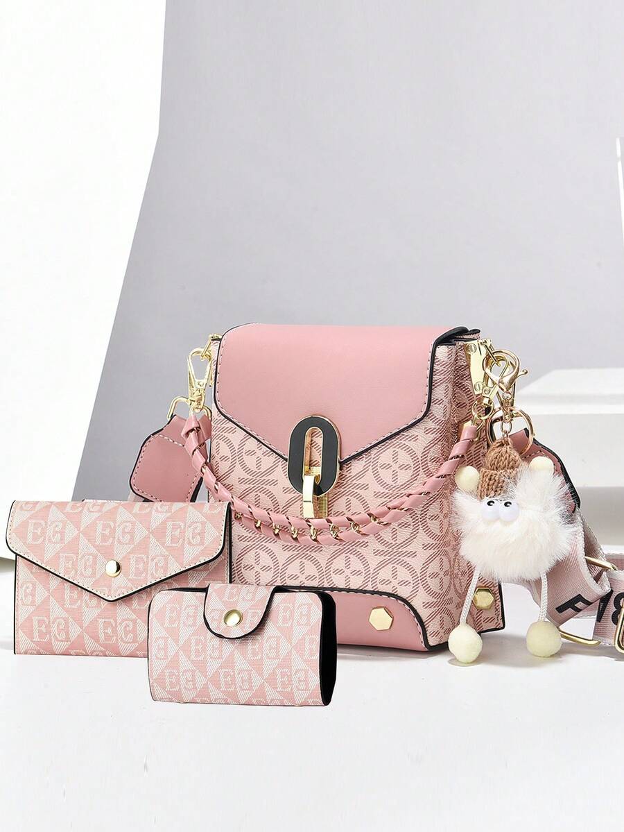 Mini Phone Bag Set - Fashionable Printed Shoulder Crossbody Bag - Pink - View 1