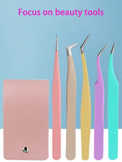 5pcs/Set Professional High-Quality Stainless Steel Eyebrow & Eyelash Tweezers, Suitable For Facial Hair, Ingrown Hair, Eyelash Extension, Eyelash Lift, Eyebrow Grooming Beauty Tools