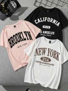 Camisetas Manga Prenda individual, no un conjunto de 3 piezas, 1 piezas/set de camisetas de manga suitable for streetwear, Top oversized cuello redondo daily outings, camping, concerts, hip-hop, rock, and rap events Corta Cuello Redondo Estampado California Los Angeles Brooklyn New York Mujer - Blanco - Ver 7