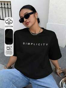 Camiseta de manga corta con cuello redondo, estampado de letras, corte holgado informal, estilo streetwear, blanca - Camiseta unisex de algodón holgado de manga corta con cuello redondo, estilo vintage urbano, ropa deportiva estilo Y2K, 100% algodón, tejido suave, manga corta. 1 camiseta. - Negro - Ver 1