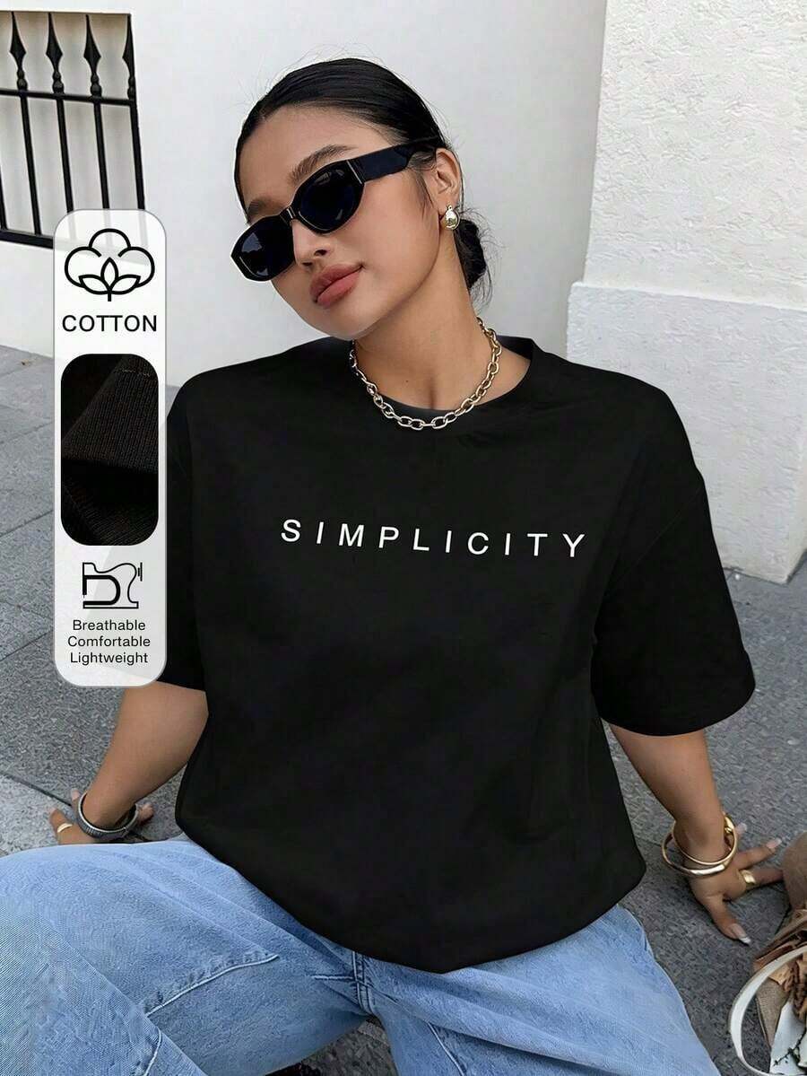Camiseta de manga corta con cuello redondo, estampado de letras, corte holgado informal, estilo streetwear, blanca - Camiseta unisex de algodón holgado de manga corta con cuello redondo, estilo vintage urbano, ropa deportiva estilo Y2K, 100% algodón, tejido suave, manga corta. 1 camiseta. - Negro - Ver 1
