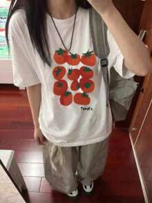 Women's Short-Sleeved T-Shirt, Loose Fit, Casual, Round Neck, Cartoon Tomato Print, White, Spring/Summer. Suitable As A Gift. Women's T-Shirt. Blouses > Elegant. Boho Chic. - 白色 - 查看 7