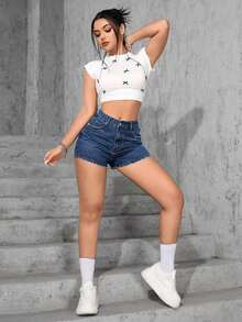 Shorts vaqueros de mujer casuales y versátiles para el uso diario, de verano - Azul - Ver 3