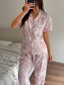 2pcs Women's Pajama Set, Ink Painting Short Sleeve Lapel Top And Bowknot Long Pants, Suitable For All Seasons - Pink - View 4