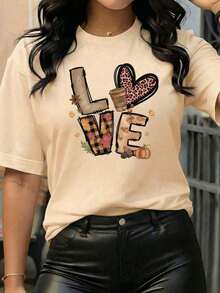 Camiseta de verano para mujer. Nueva camiseta de manga corta con cuello redondo para mujer, diseño primavera-verano, con letras modernas y sencillas y estampado de corazón de zorro, transpirable y absorbente de sudor. Envío directo desde nuestro almacén local, un modelo para parejas, ideal para que las parejas lo usen al salir. - Negro - Ver 10