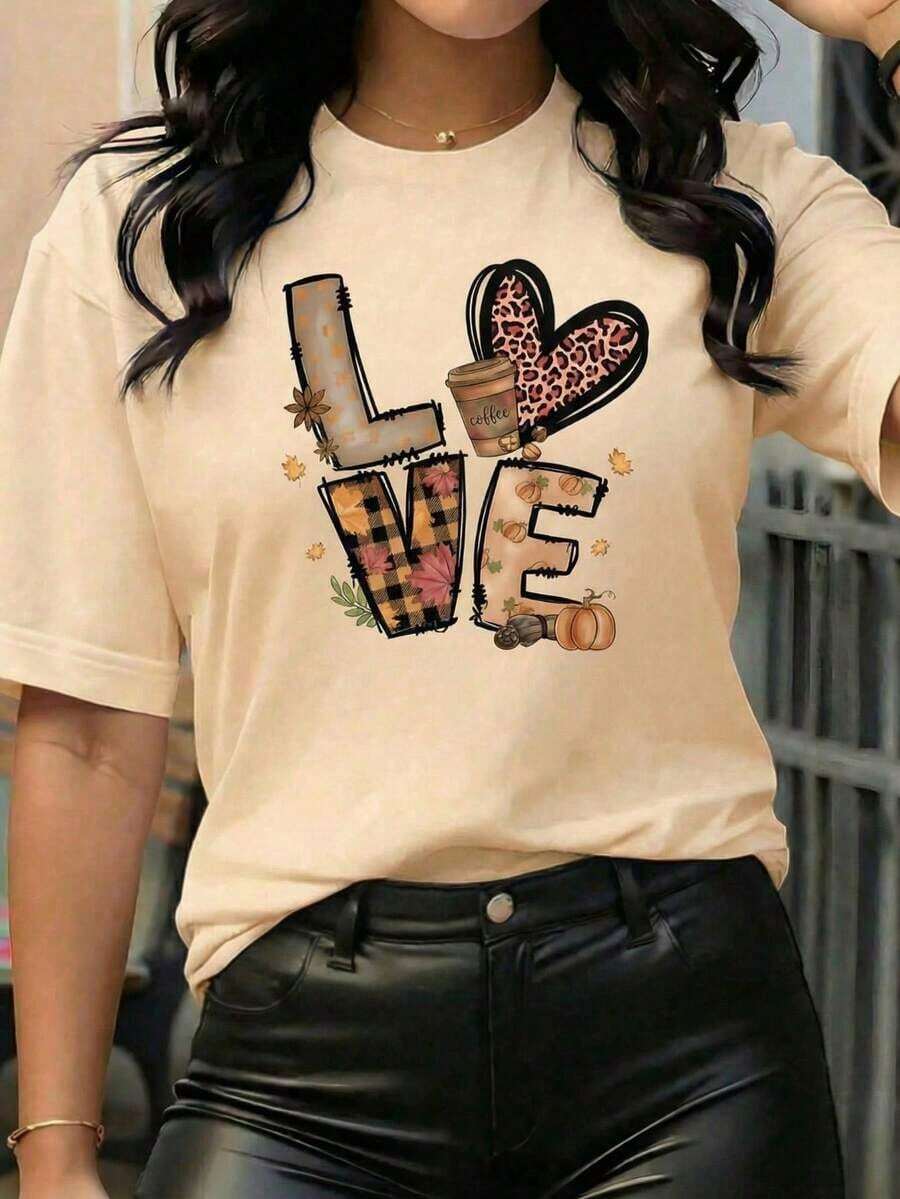 Mexican Basic 1pscNueva camiseta de manga corta con cuello redondo para mujeres, diseño primavera-verano, con letras modernas y sencillo y un estampado corazón de zorro, transpirable y absorbe la sudoración. Envío directo desde nuestro almacén local, modelo para parejas, ideal para llevar en pareja.100%cotton  New Launch - Albaricoque - Ver 1