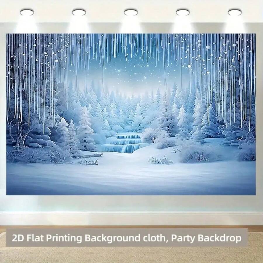 2D Flat Winter Wonderland Polymer Background Banner, Snowy Waterfall Scene With Icy Trees And Starry Sky, Suitable For Parties, Home, Garden, Studio And Outdoor Celebrations, Photography Backdrop, Outdoor Decor - 4 - View 1