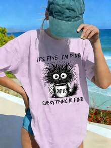 Women's Short-Sleeved T-Shirt With A Round Neck And Simple Slogan Print, Casual Summer Style, Loose Fit, Ideal For Everyday Wear And Holidays. Women's T-Shirt. - 淡紫色 - 查看 8