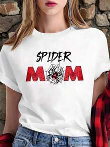 White T-Shirt With Funny Phrase "SPIDER MOM" And Red Spider, Dark Aesthetic Spiderweb T-Shirt, Casual Blouse Mother's Day Gift, Halloween Tops And Insect Print Blouses Cute 100% Cotton - 白色的 - 查看 1