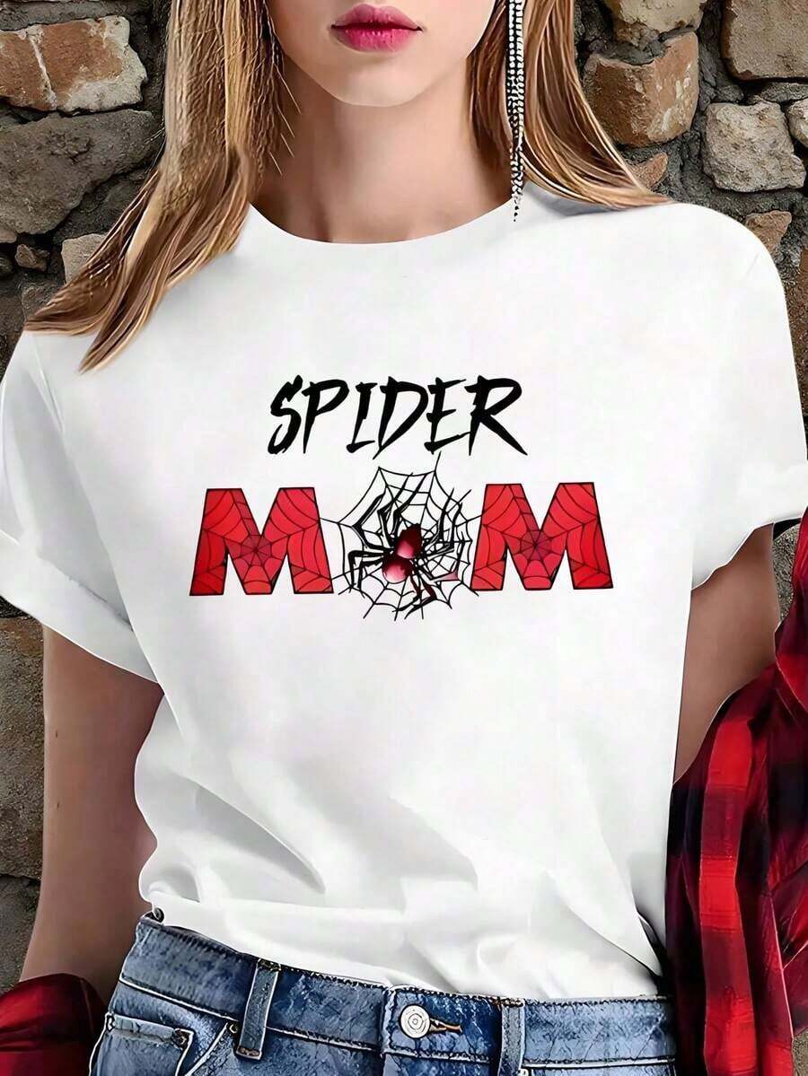 White T-Shirt With Funny Phrase "SPIDER MOM" And Red Spider, Dark Aesthetic Spiderweb T-Shirt, Casual Blouse Mother's Day Gift, Halloween Tops And Insect Print Blouses Cute 100% Cotton - 白色的 - 查看 1