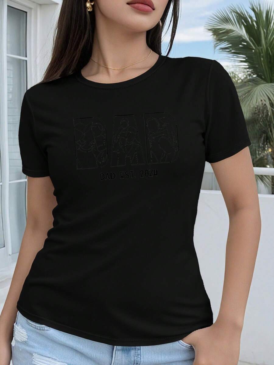Women's Regular Fit Short Sleeve T-Shirt - Creative 2D Geometric Line Art Graphic Showcasing Touching Family Moments, Casual Short Sleeve Crew Neck T-Shirt, Suitable For All Seasons, Available In Various Colors And Sizes, Festive Fashion, Aesthetic - 黑色 - 查看 1
