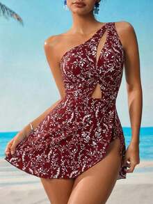 SH6C  Swim Lushore Vestido de baño de una pieza con control de abdomen y estampado azul y blanco para vacaciones de verano - Rojo - Ver 5