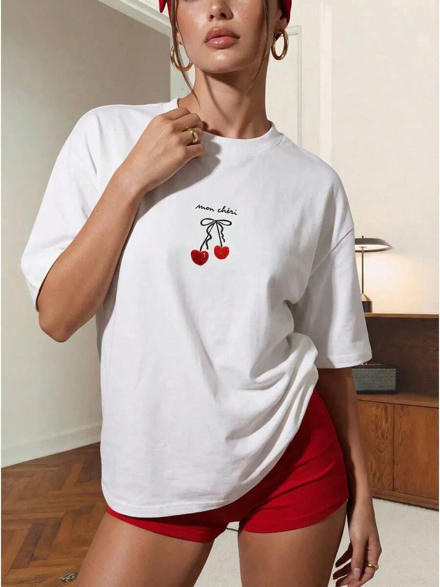 Camiseta de manga corta de algodón puro, estilo europeo y americano, con estampado de letras único y de alta gama, de corte holgado, fresca, sencilla y versátil. - Blanco - Ver 1