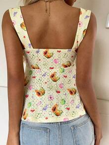 Nueva Colección Primavera/Verano 2026 para Mujer: Blusa/Top sin Mangas con Volantes y Cordón Ajustable, Estampado de Lunares Amarillo Buttercup y Marrón, Estilo Casual y Versátil, Top de Verano - Amarillo pálido - Ver 2
