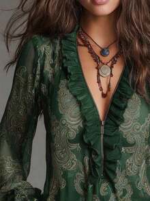 Blusa de gasa con cremallera, estampado de paisley barroco elegante y estilo vacacional, con volantes. Blusa de gasa transparente con estampado floral todo sobre todo para uso diario y vacaciones, primavera/verano - Verde Oscuro - Ver 3