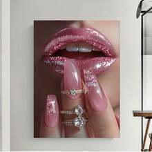 Enmarcado  en lienzo enmarcado 2D plano, 1 unidad, con labios rosas grandes y anillo de s. Arte abstracto glamuroso para pared con acabado . Decoración de lujo lista para colgar en la sala de estar, el dormitorio o la oficina. Regalo ideal para el Día de San Valentín, cumpleaños o Pascua (40 x 60 cm). - Enmarcado - Ver 5