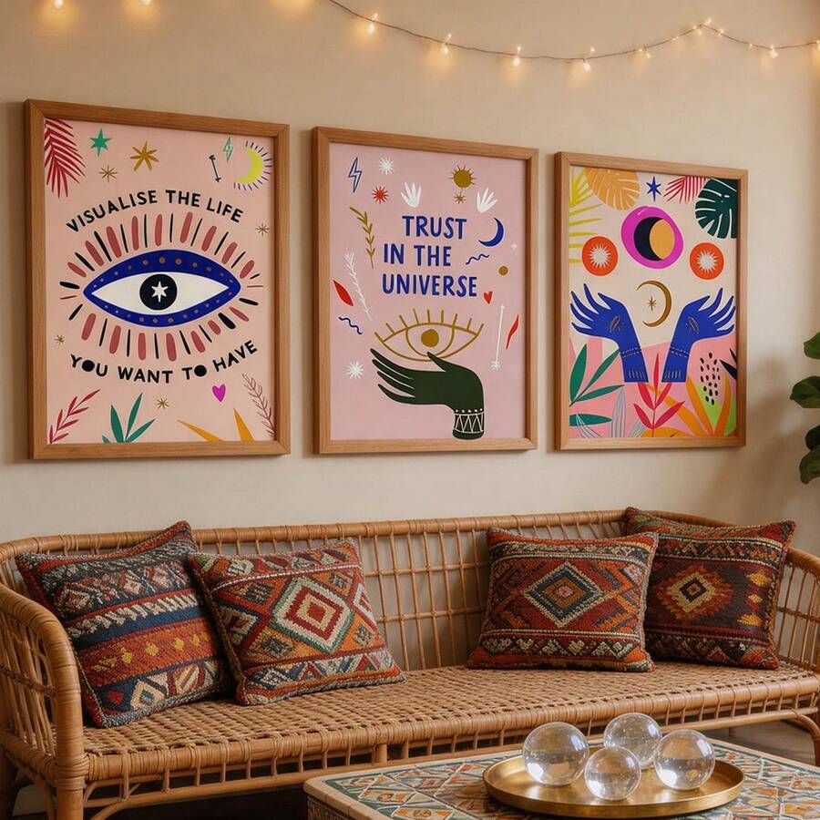 Bộ 3 tranh canvas phong cách Boho chủ đề Thu hút điều ước, in hình Mắt ác và Tin tưởng vào vũ trụ, trang trí tâm linh sống động cho phòng khách, phòng ngủ và không gian thiền định, khung tranh tùy chọn.