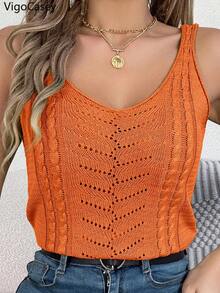 VigoCasey 2026 Top de Verano para Mujer con Tirantes, Chaleco de Punto Calado con Cuello en V, Blusa Casual sin Mangas con Cuello en V para Mujer, Ropa Ajustada - Caqui - Ver 3