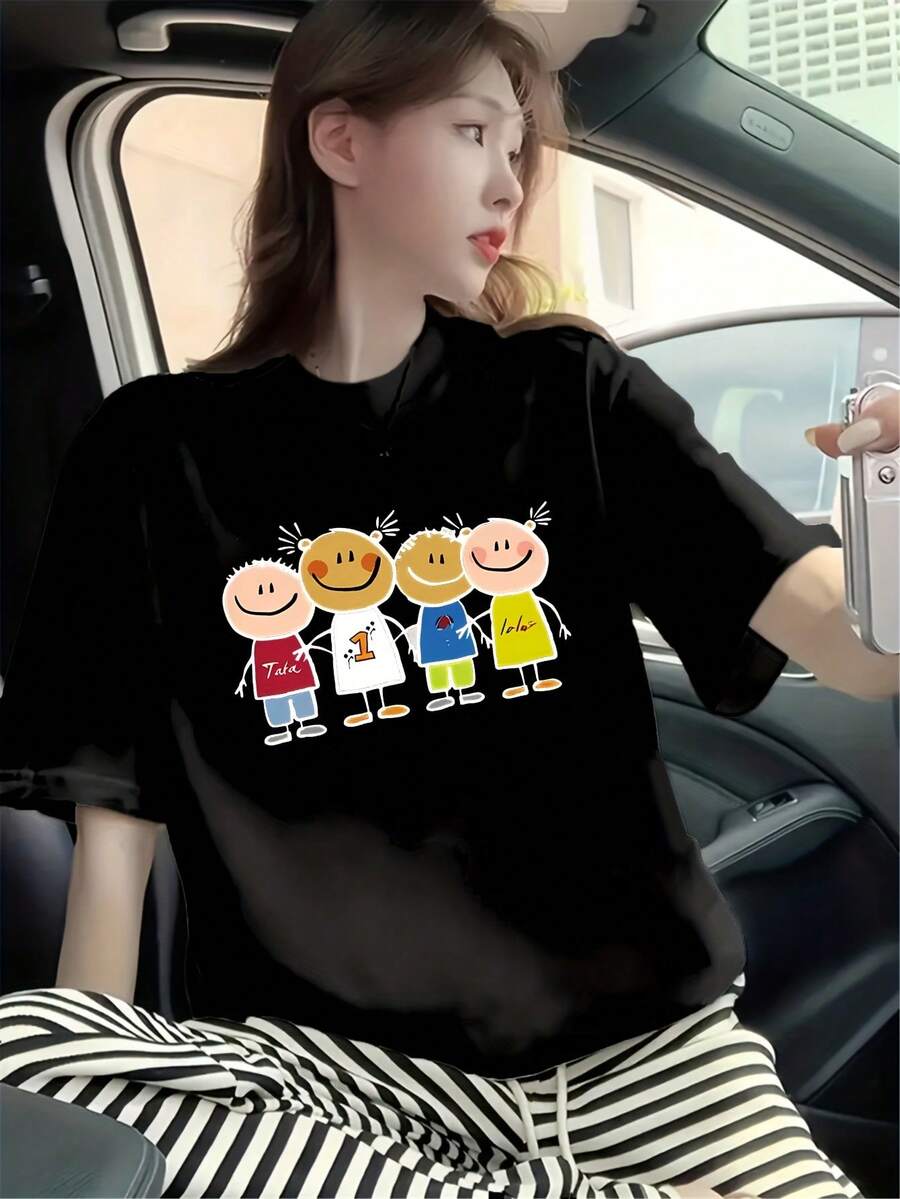 Camiseta de Manga Corta para Mujer - Diseño Holgado con Estampado de Dibujos Animados #3333 - Negro - Ver 1