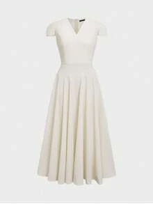 Robe élégante grande taille pour femmes avec col en V, manches courtes, taille cintrée et coupe trapèze, robe de soirée amincissante pour le quotidien, les rendez-vous, le travail, l'été - Nude - Voir 6