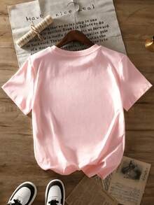 Camiseta manga corta cuello redondo 100% algodón, estampado trendy, tejido ligero y ventilado, estilo moda casual, apta para vida diaria, salidas informales y citas en primavera, verano y otoño - rosa - Ver 2