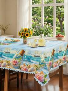 1pc-Summer Beach Nautical Tablecloth, Ocean Wave Message Bottle Print Table Cover, Polyester Coastal Table Cloth For 4th Of July, BBQ, Picnic, Pool Party, Labor Day, Indoor Outdoor Kitchen Dining Patio Home Holiday Decoration - Multicolor - View 14