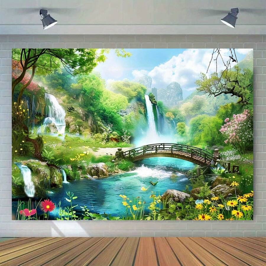 熱帶雨林瀑布背景布,逼真熱帶花園場景含綠植、瀑布與橋樑,無需用電,易於懸掛的拍照亭裝飾,適用於派對、婚禮、居家 - 26 - 查看 1