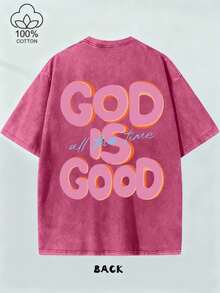 230g Heavyweight Washed Cotton Crew Neck T-Shirt - GOD IS GOOD. Double-Sided Vintage Distressed Pattern, Unisex Relaxed Casual Streetwear Style, Brown Background With Pink And Blue Lettering, Perfect For Spring/Summer Casual Wear, Easter, And Holiday Outfits. Versatile Printed T-Shirt. - 紅色 - 查看 3