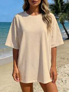 Women's Loose-Fitting T-Shirt With Cherry Print, Off-The-Shoulder Design, Short Sleeves, Round Neck, Urban Vintage Style, Unisex, Cotton, Short Sleeves, Round Neck, Women's Blouses, Women's T-Shirts, Casual Blouses For Ladies. - 杏色 - 查看 2