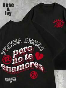 1pcs Women's Crew Neck T-Shirt Rose And Ivy Graphic Print Short Sleeve Summer Breathable Cotton Tee Double Side Print Featuring Fuerza Begida Pero No Te Enamores Text With Red Heart And Eye Symbol For Family Gatherings Summer Trips And Festive Occasions,Women's Tops, Tops For Women, Tops, Women Clothes, Clothes, Festival Outfits, All Season Wear - 黑色 - 查看 7
