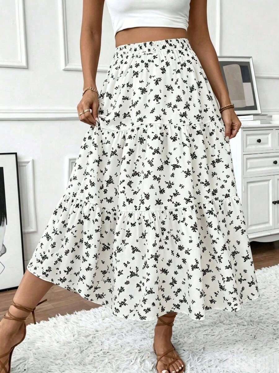 Elegant Women's 2 Piece Matching Set, Ribbed Fitted Top & Floral Flowy Midi Skirt, Casual Chic Summer Outfit For All Occasions - trắng - Xem 1