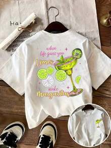 Camiseta Casual para Mujer con Estampado de Margarita, Tequila, Coctel, Hojas de Limón y Letras, Cuello Redondo, Ropa Deportiva Casual de Primavera/Verano, Nuevo Lanzamiento - Blanco - Ver 5