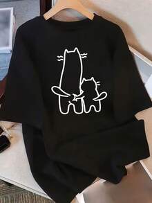 Camiseta Pura para Mujer Manga Corta Diseño de Nicho y Estampado 2025 Verano Nuevo Top Holgado de Manga Media y Ajustado para Mujer - Negro - Ver 1